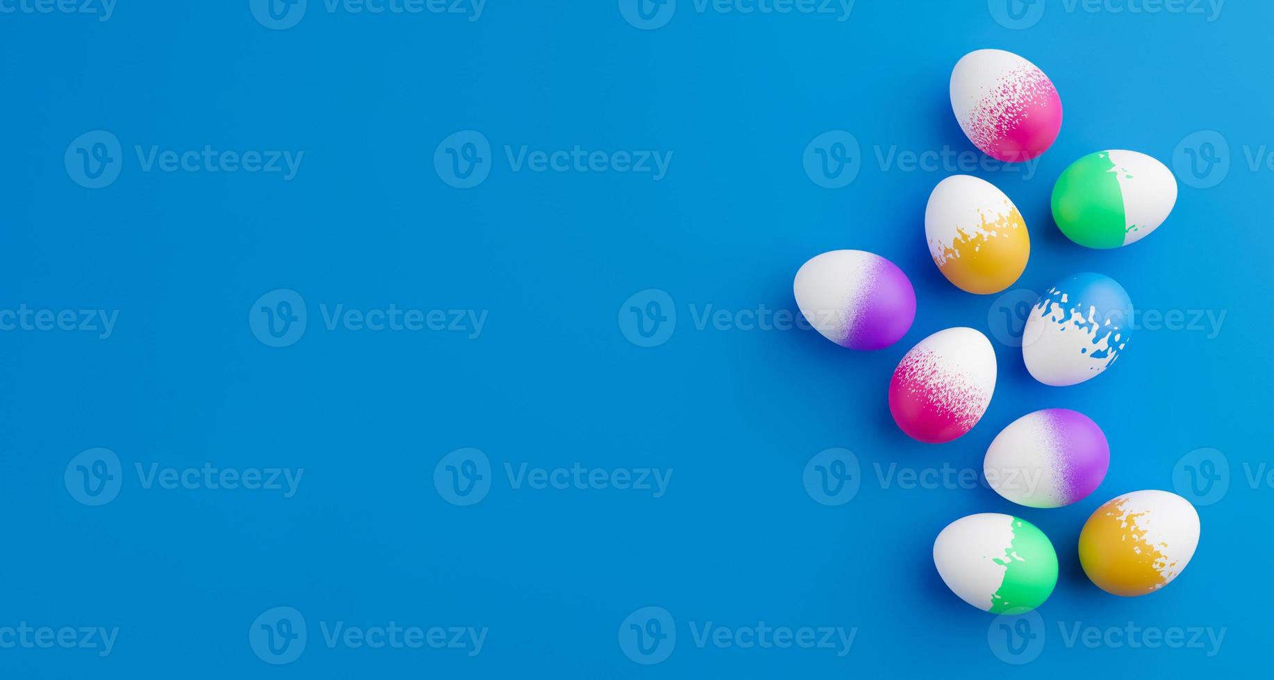 gäng färgglada ägg på en blå påsk bakgrund 3D-rendering. hög med birght och färgglada påskägg - 3D-rendering. påsk koncept sammansättning ram gränsen foto