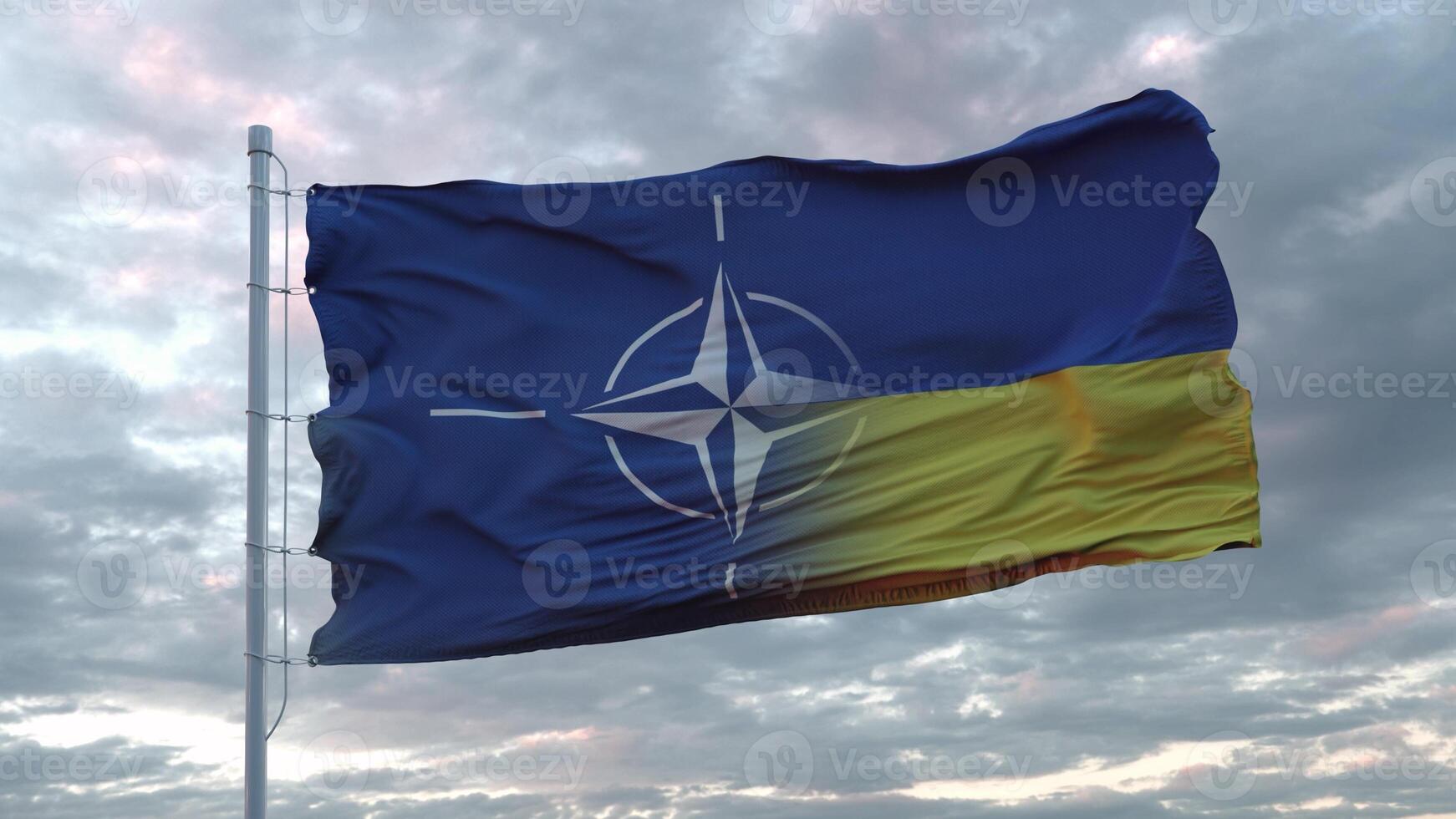 nato och ukrainska flaggan. Nato-flaggan vajar. tecken på nordatlantiska fördragets organisation och ukraina. 3d-rendering foto