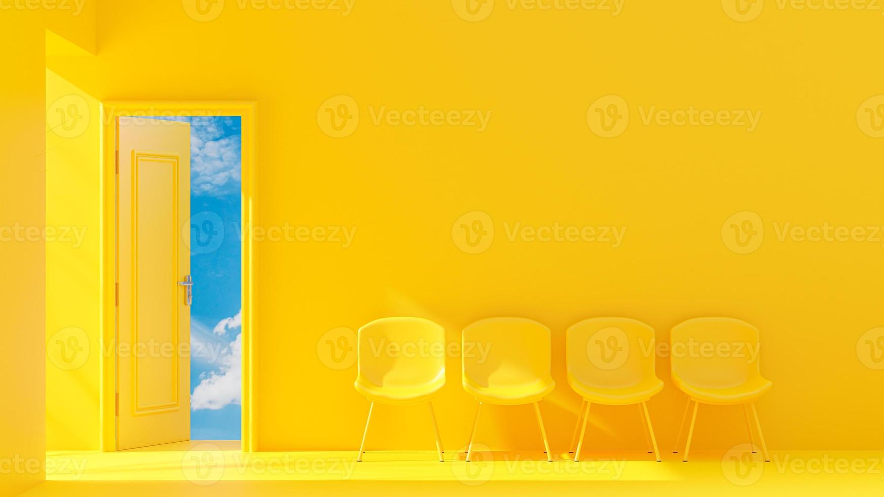gul dörr är öppen utanför var ljus himmel och fyra stol. ljus från sidan skapar hög kontrast. utrymme för banner och logotyp bakgrund. 3d rendering. foto