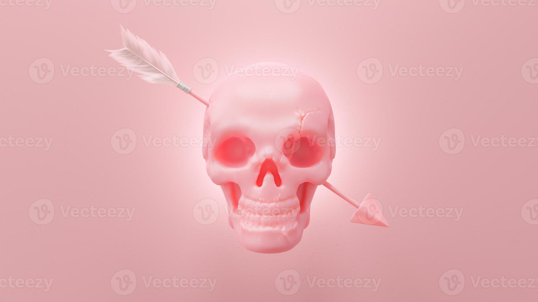 rosa skalle sköts genom huvudet av en pil eller pil. minimal idé koncept, 3d-rendering. foto