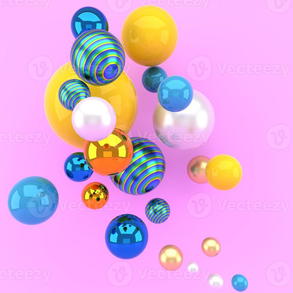 3D-rendering, abstrakt färgstark geometrisk bakgrund, mångfärgade bollar, ballonger, primitiva former, minimalistisk design foto