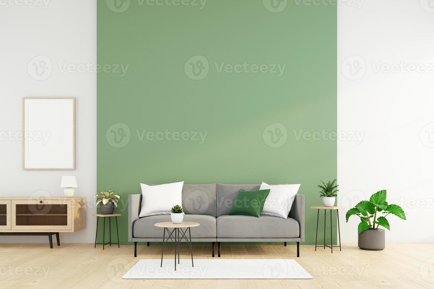 minimalistiskt vardagsrum med soffa och sidobord, grön vägg och grön växt. 3d-rendering foto