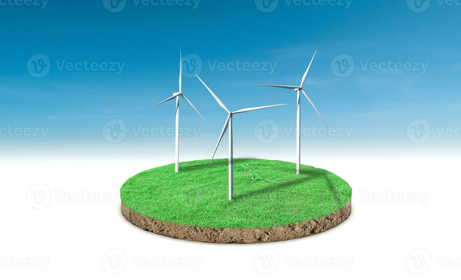 3d-rendering. tvärsnitt av grönt gräs med vindkraftverk över blå himmel bakgrund. foto