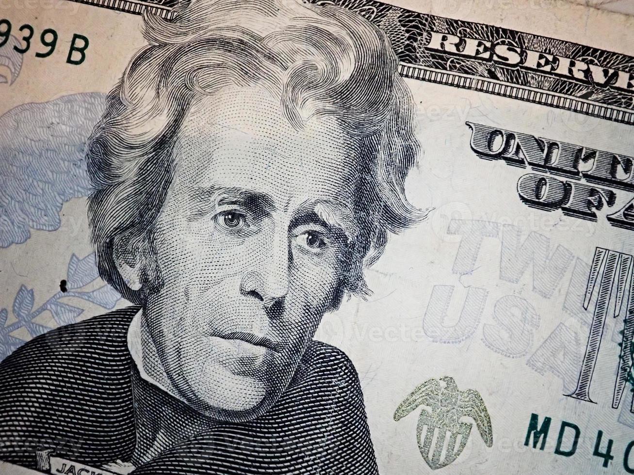 andrew jackson på tjugo dollar sedel makro. amerikanska pengar. foto