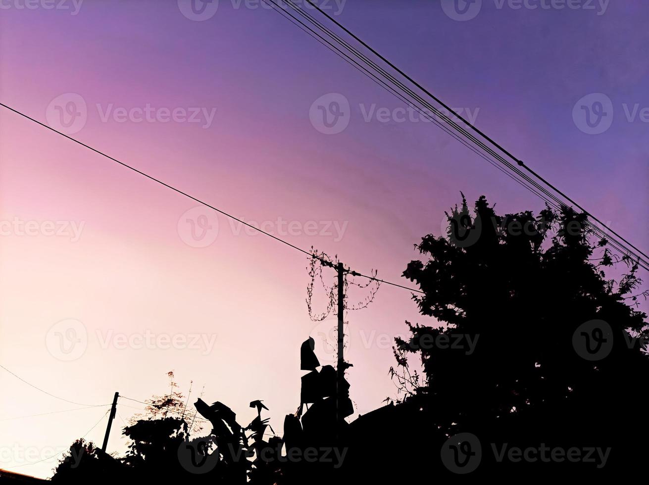 siluettfoto av hus, elstolpar och växter i gryningen på den blå, lila och rosa himlen i byn. foto