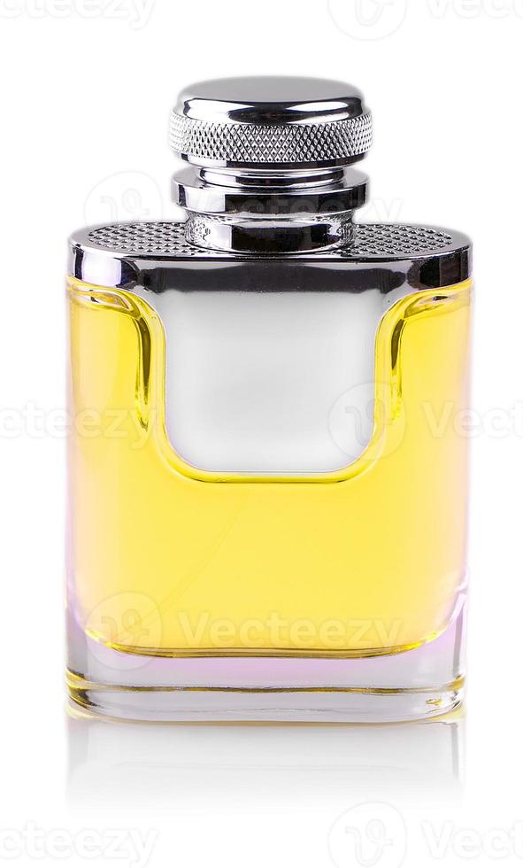 gul parfymflaska isolerad på vit bakgrund foto