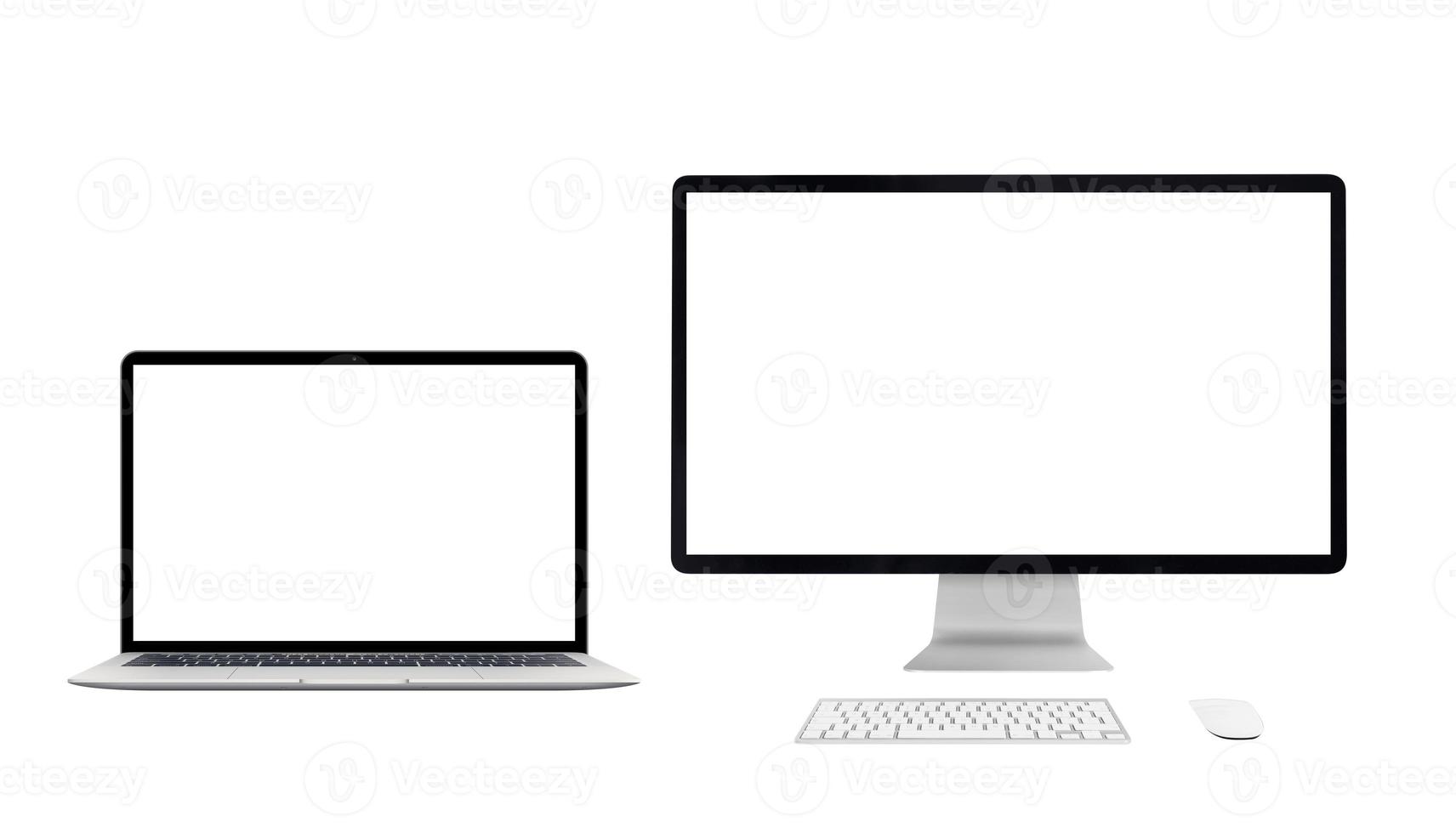 bärbar dator och datorskärm isolerad i vitt med tom skärm för mockupp, design marknadsföring foto