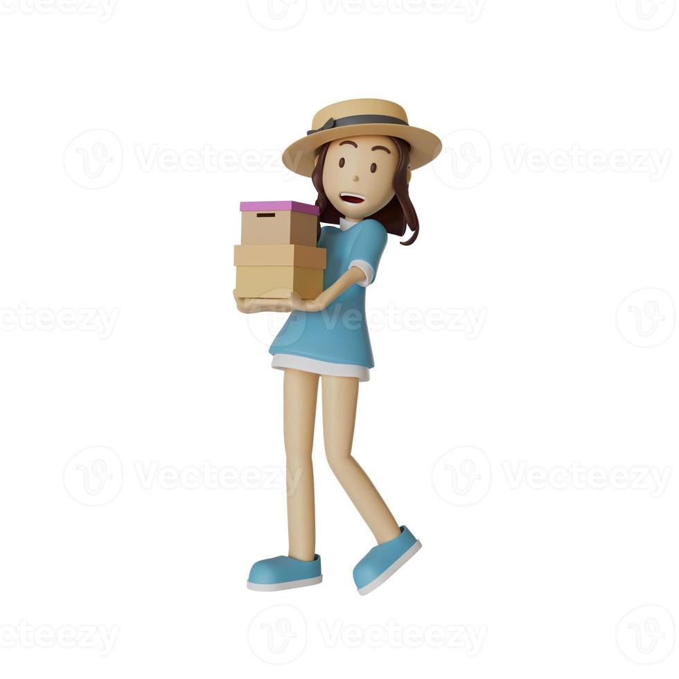 flicka som bär en blå överdimensionerad hatt och skjorta, ler sött och håller i en shoppinglåda. på en vit bakgrund, 3d-illustration foto