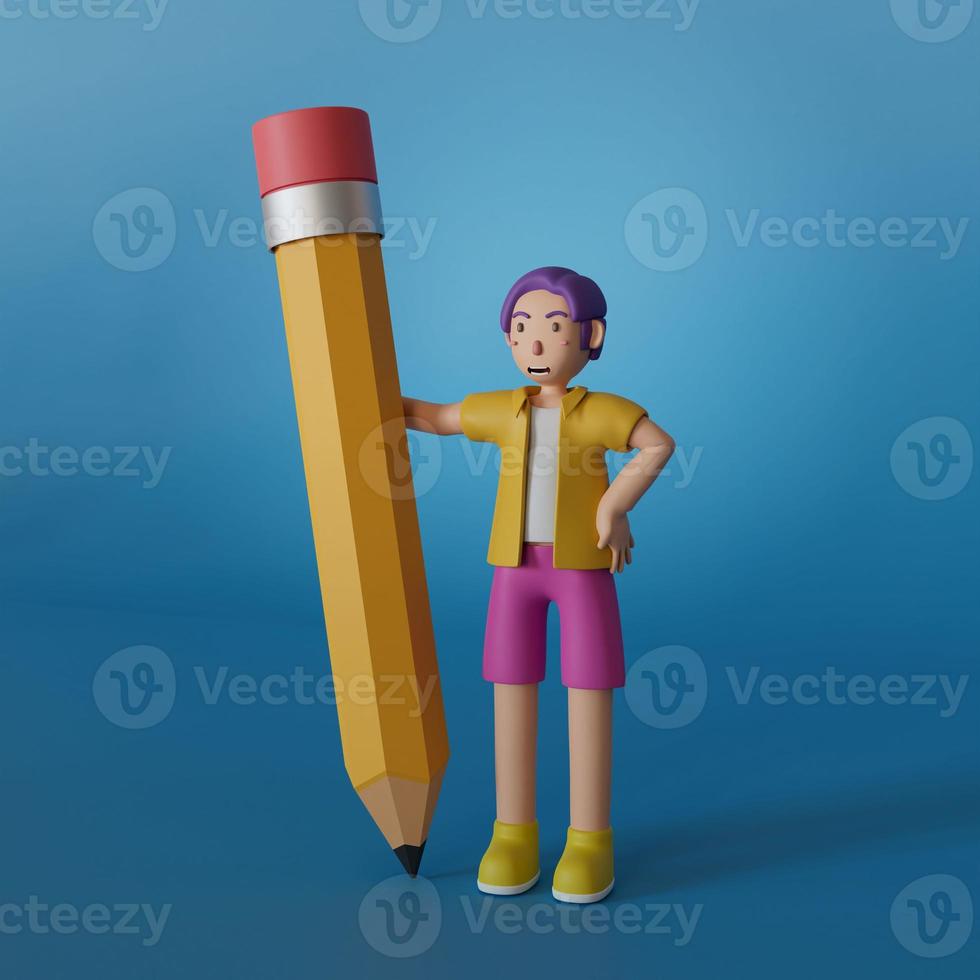 man i en gul skjorta som håller en gigantisk penna poserar på en blå bakgrund. 3D-rendering illustration. foto