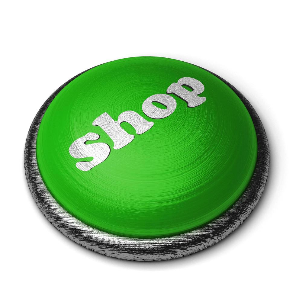shoppa ord på grön knapp isolerad på vitt foto