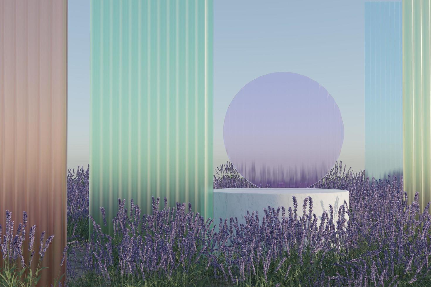 podium på naturliga lavendel blomma fält med frostat glas 3d render illustration foto