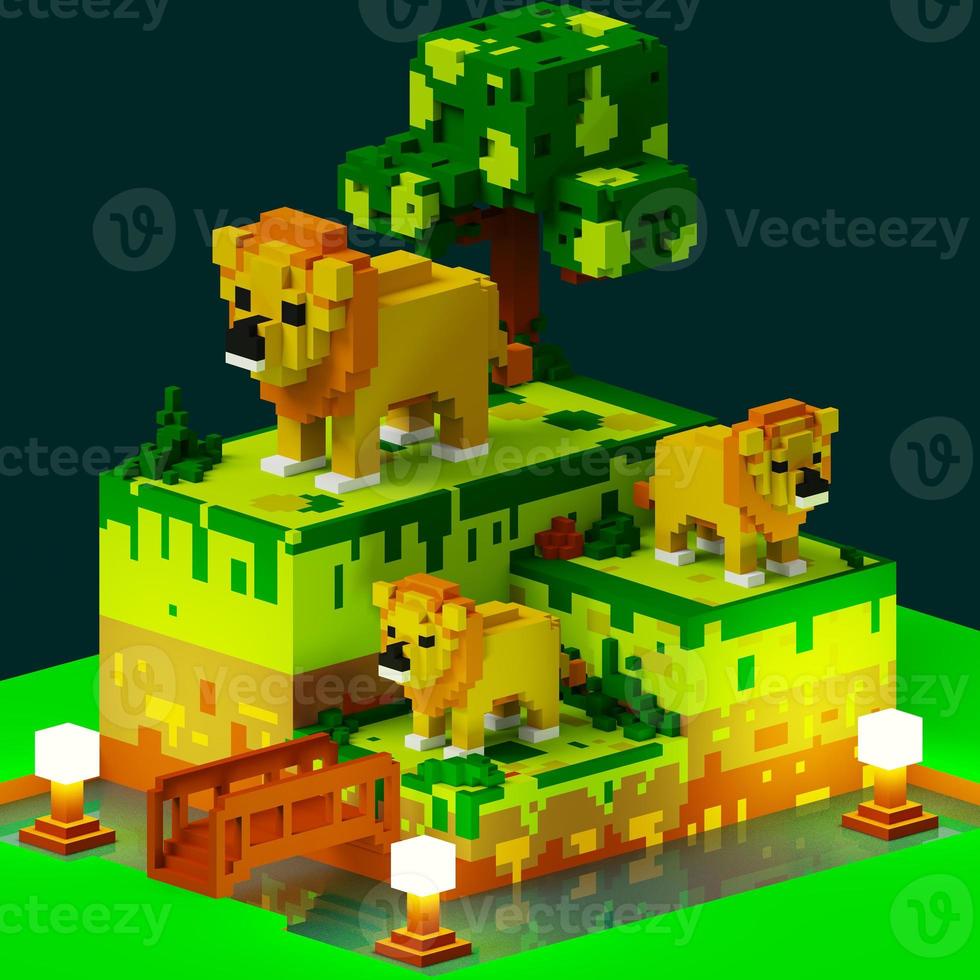 3D-rendering voxel lejondjur på zoo miniatyr på nattscenen foto