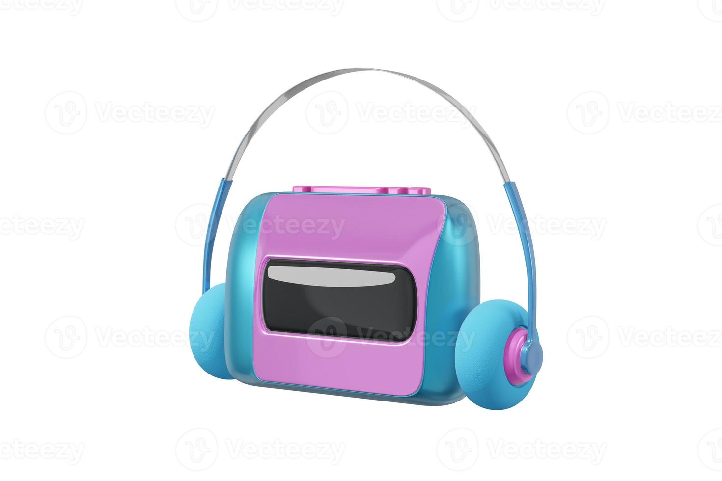 ljudspelare walkman tecknad stil isolerade vit bakgrund. realistiskt koncept leksaksbandspelare, hörlurar blå rosa illustration. 3d-rendering foto