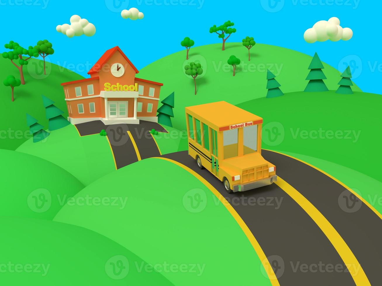 skolbyggnad och gul buss med grönt sommar vackert landskap. tillbaka till skolan. volymetrisk stil illustration. 3d rendering. foto