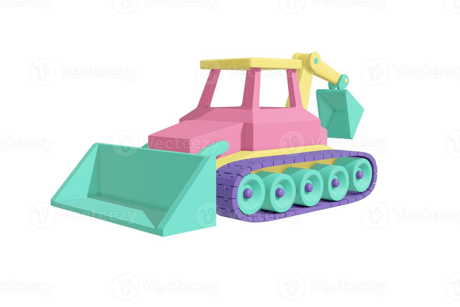 bandtraktor med hink tecknad stil realistisk design pastellgrön, korall, gul, violett färg. barn leksak isolerade vit bakgrund. minimalistiskt transportkoncept. 3d-rendering. foto