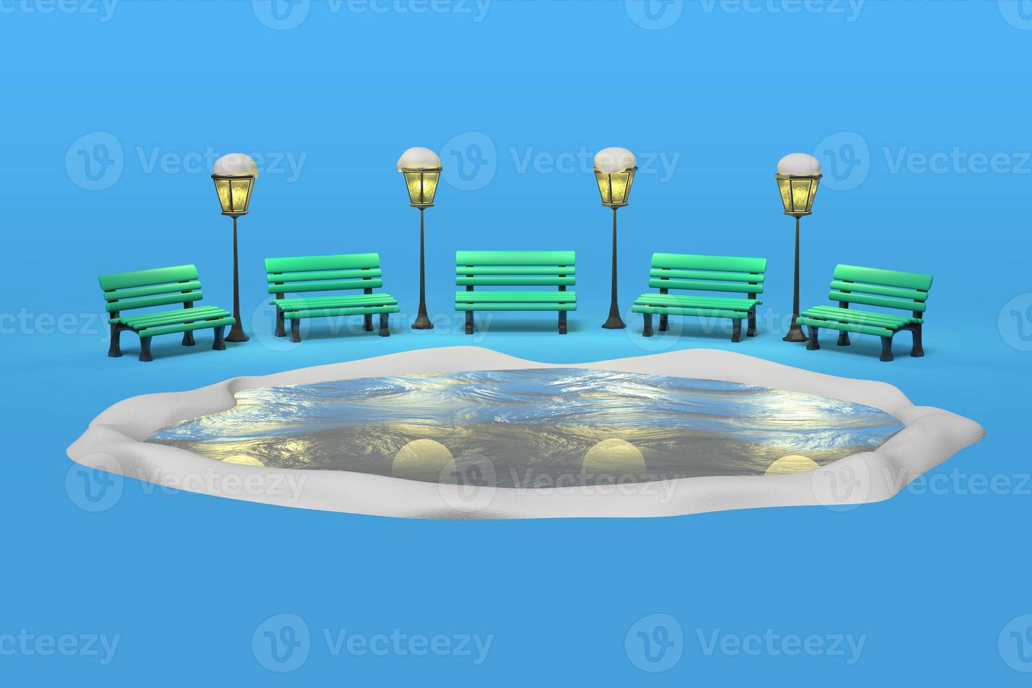 3D-rendering av bänkar upplysta av antika lyktor i en park runt en frusen sjö, isbana foto