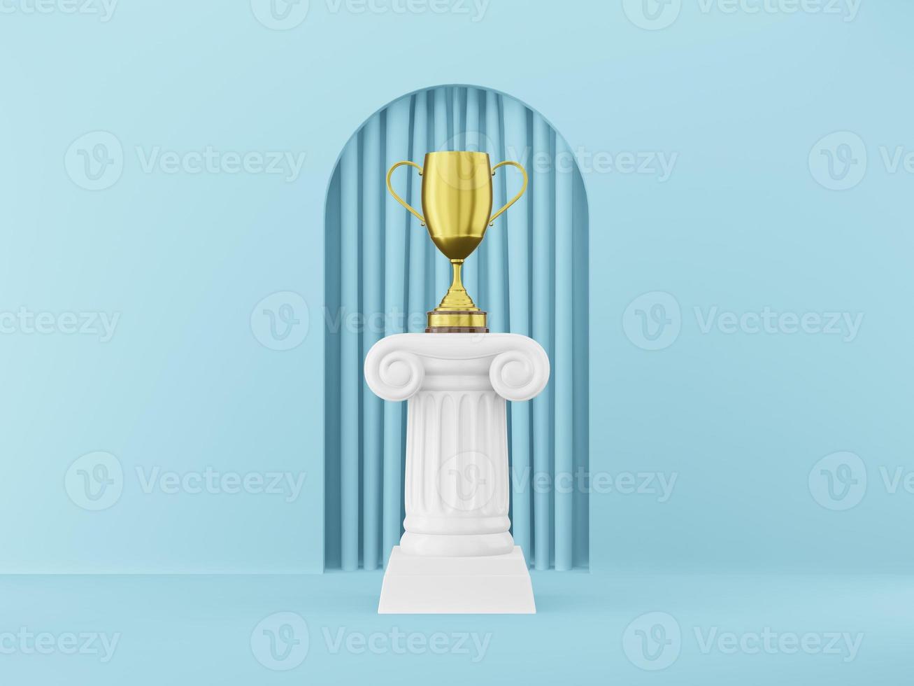 abstrakt podium kolumn med en gyllene trofé på blå bakgrund med båge. segerpiedestalen är ett minimalistiskt koncept. 3d-rendering. foto