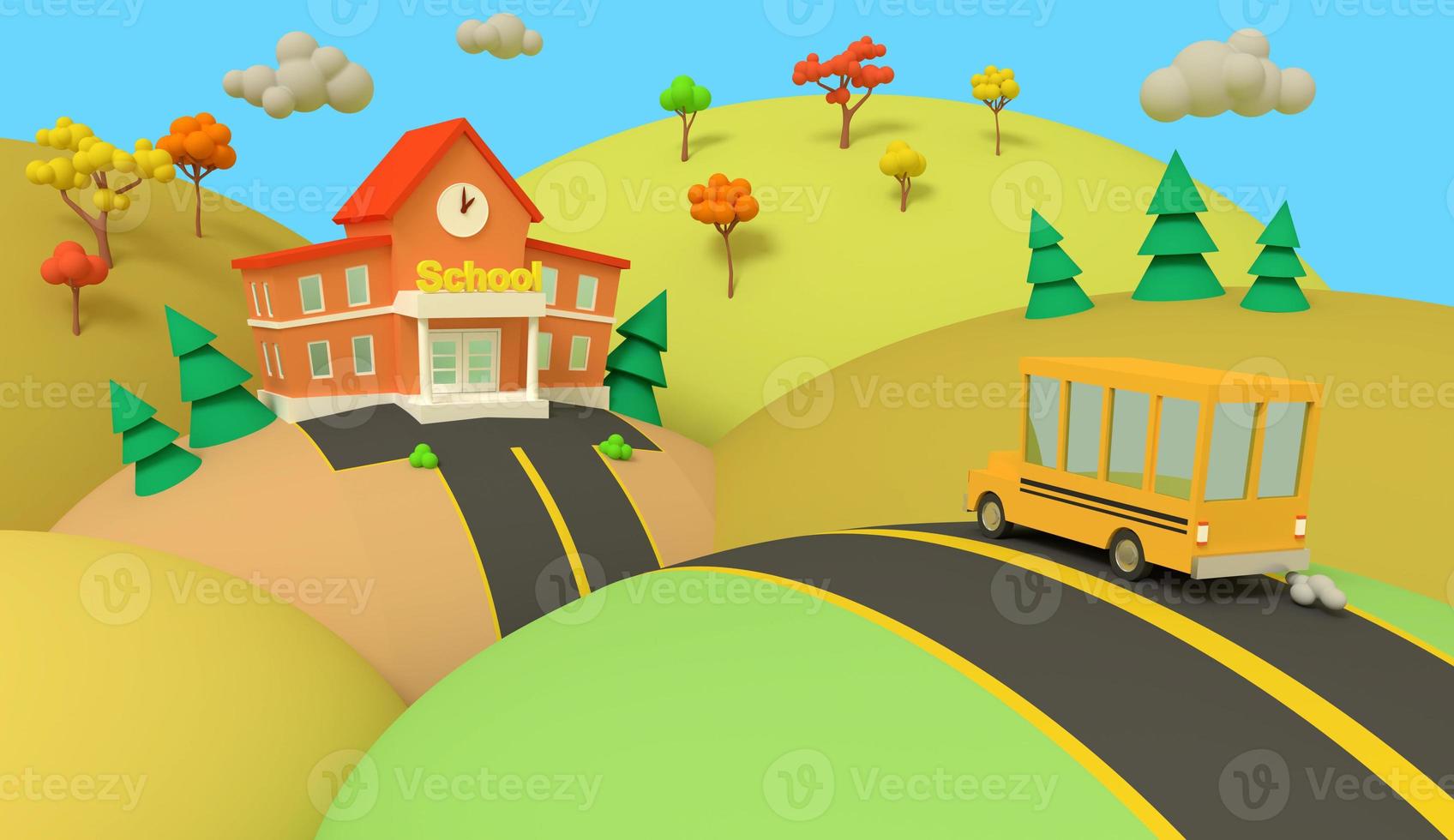 skolbyggnad och gul buss med höstens vackra landskap. tillbaka till skolan. volymetrisk stil illustration. 3d rendering. foto