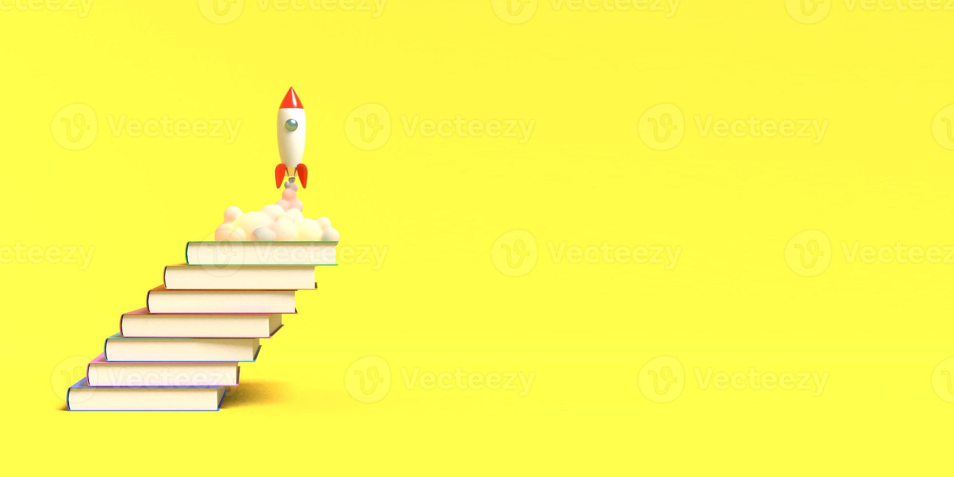 leksaksraket lyfter från böckerna som spyr rök på en vit bakgrund. symbol för önskan om utbildning och kunskap. skolan illustration. 3d-rendering. foto