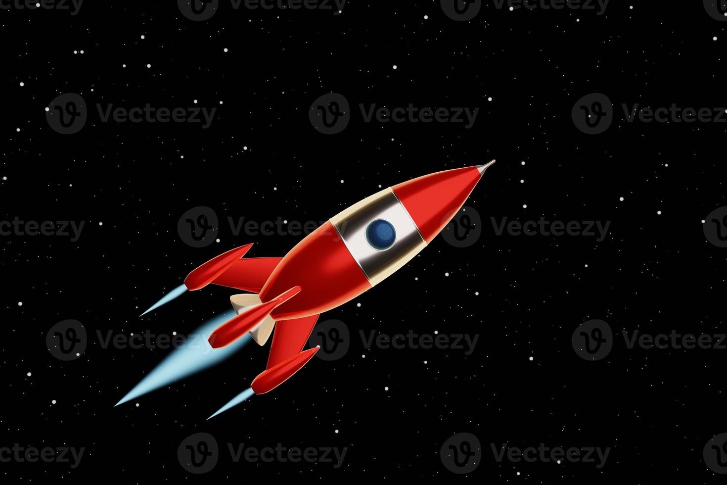 leksak rymdraket röda och vita färger flyger på en bakgrund av stjärnhimlen. sci-fi illustration. 3d-rendering. foto