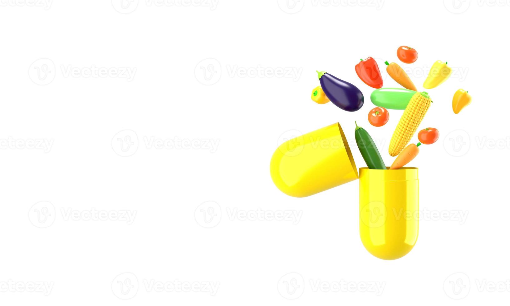 färska grönsaker flyger ur pillret. konceptuell illustration av kosttillskott med tomt utrymme för text. 3d-rendering. foto