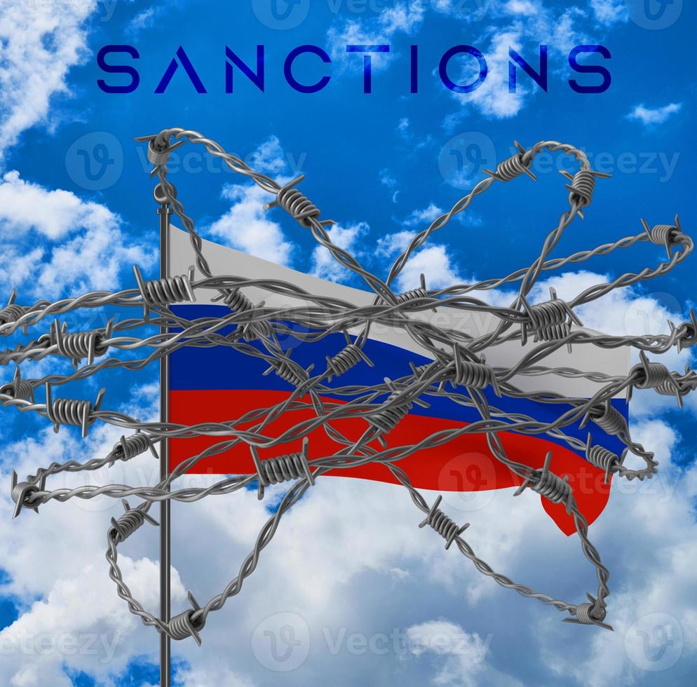 sanktioner mot Ryssland med rysk flagga på taggtråd foto