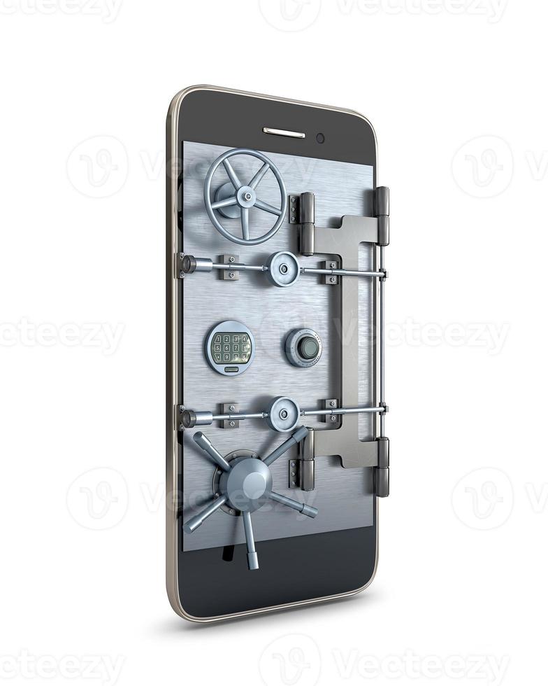 en smartphone med säkerhetsdörren istället för skärmen, digitalt säkerhetskoncept, 3d-illustration foto