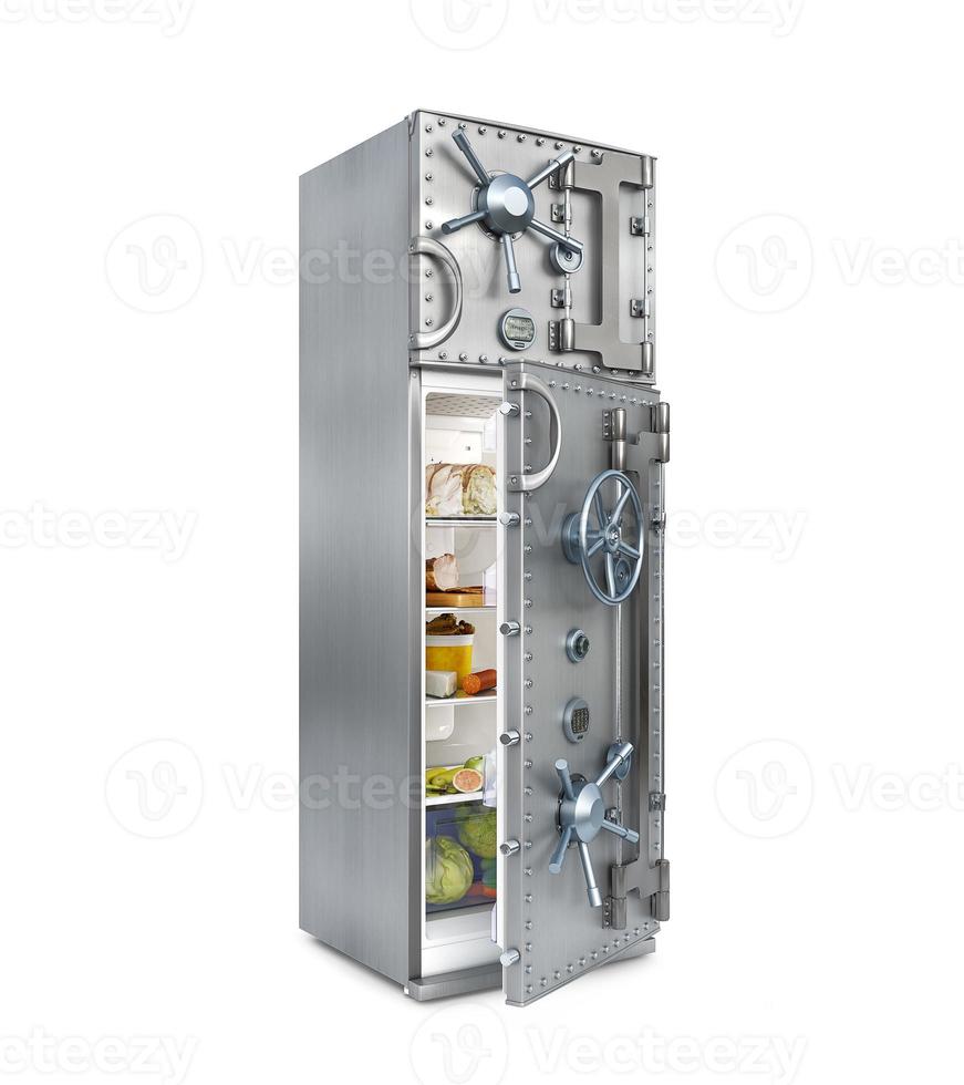 koncept av ett öppet kylskåp med en säker dörr och mat i den, isolerad på vit bakgrund, 3d-illustration foto