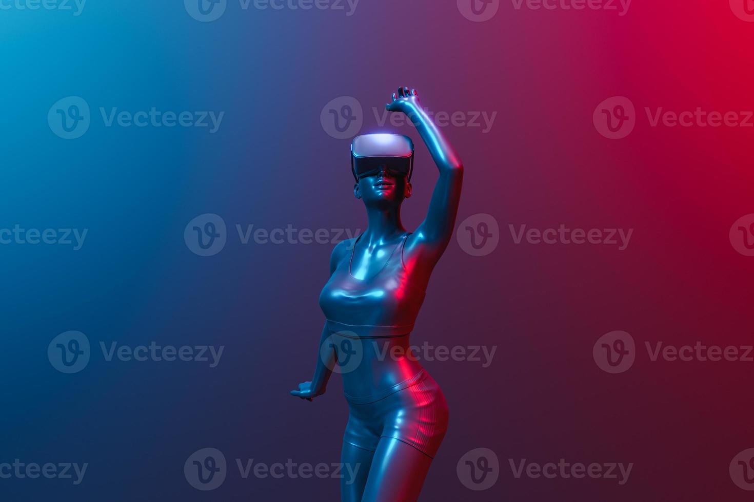 3D-flicka som dansar med virtuell verklighetsglasögon och neonbelysning foto