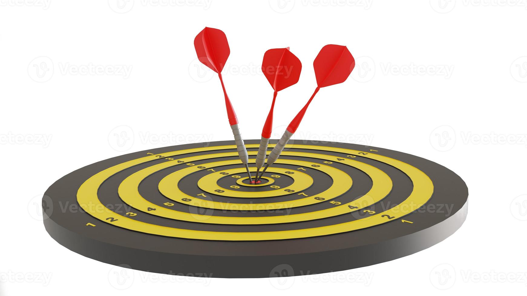 3 röda pilar som slår måltavlan i mitten på vit bakgrund med kopieringsutrymme. affärsinriktning och fokuskoncept. 3d render illustration foto