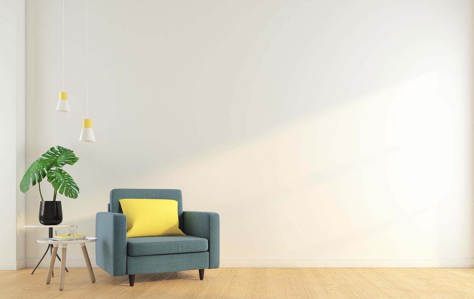 tomt rum med fåtölj och sidobord, vit vägg och trägolv. 3d-rendering foto