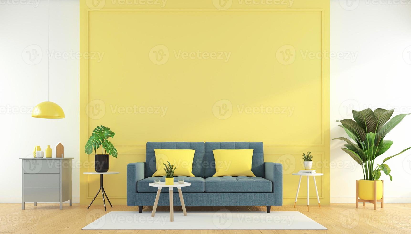 gult vardagsrum med soffa och sidobord, trägolv, gröna växter. 3d-rendering foto