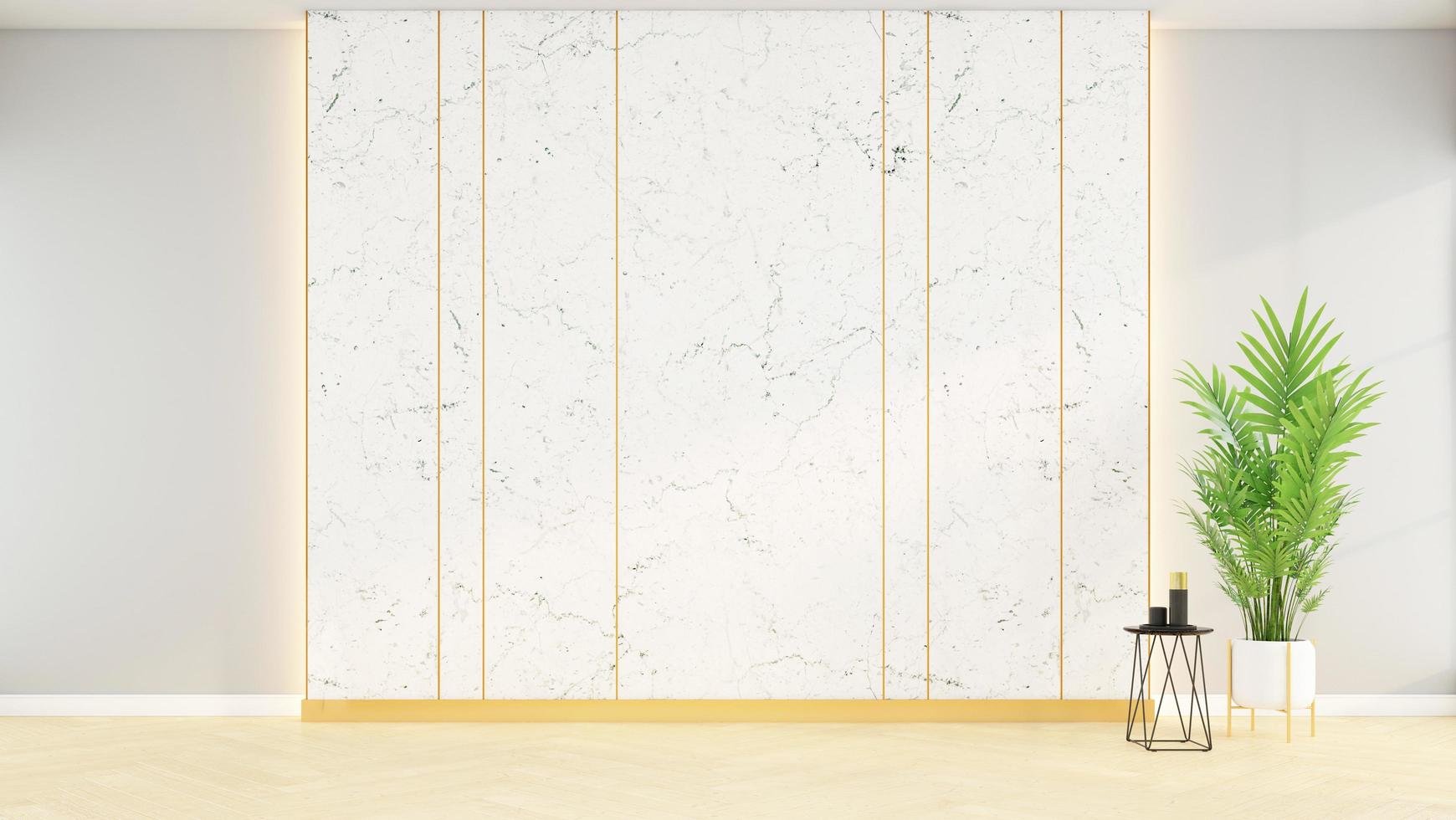 tomt rum med vit marmorvägg och trägolv, 3D-rendering. foto