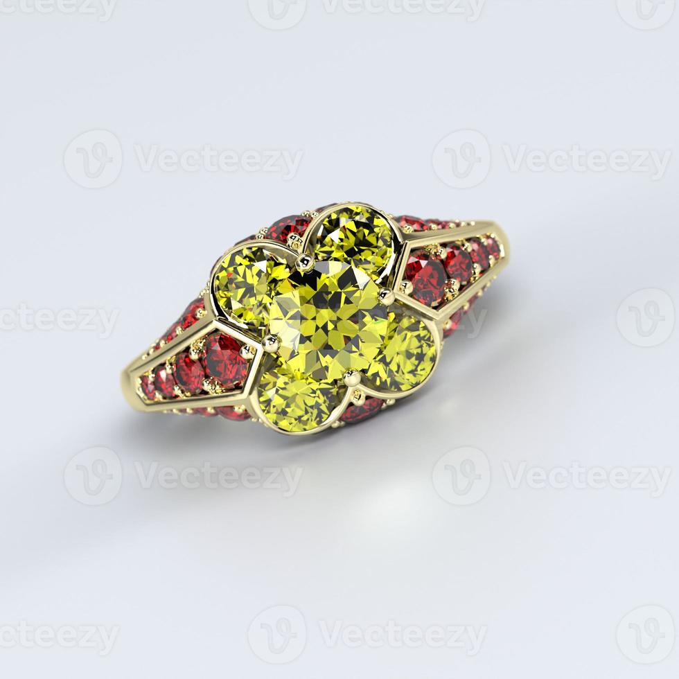 blomring i gult guld med gul diamant och rubin 3d-rendering foto