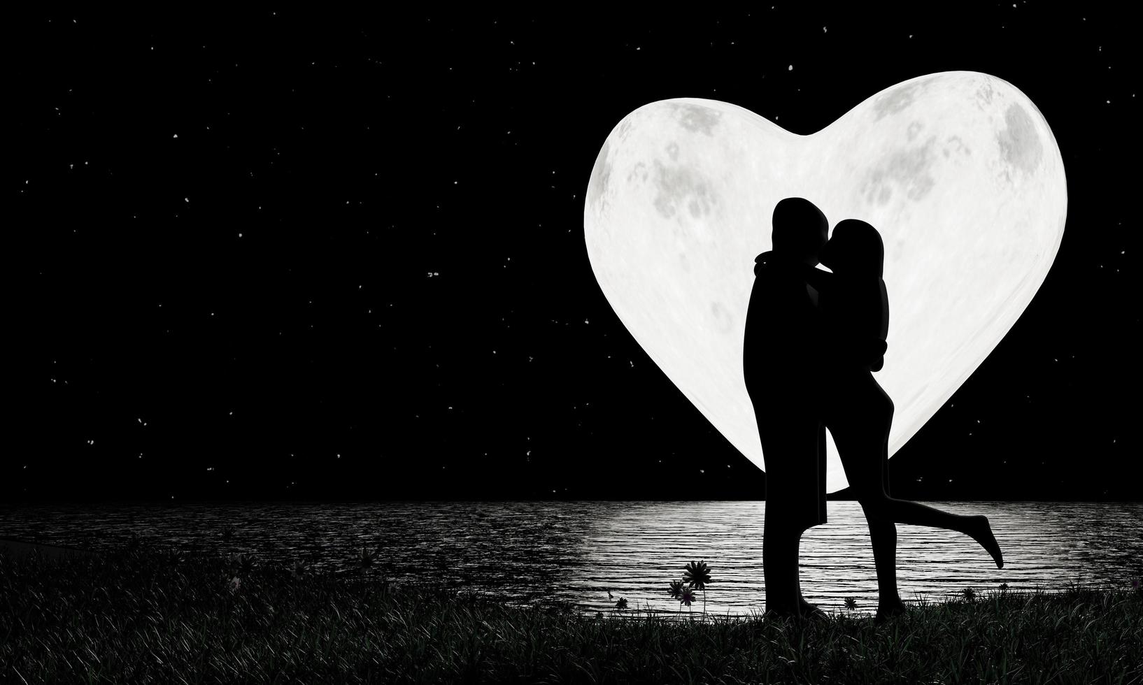 siluettälskare kysser romantiskt. hjärtform fullmåne och en stjärna full av himlen som bakgrund. månens reflektion reflekteras i floden. romantik och äktenskapsförslag. 3d-rendering foto