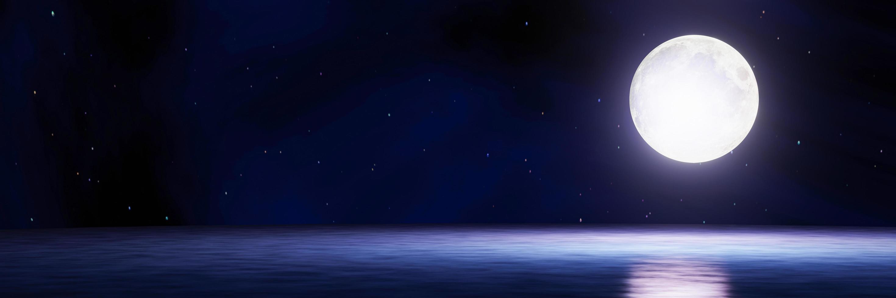 den blå fullmånen reflekteras i havet. en våg av vatten från havet till ön. himlen har många stjärnor. krusningar på havet på natten. 3d-rendering foto
