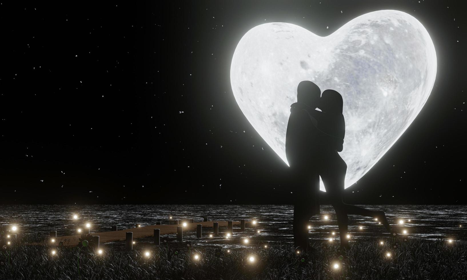 siluettälskare kysser romantiskt. hjärtform fullmåne och stjärna full av himlen som bakgrund. eldflugor flyger över gräset och vattenytan. romantik och äktenskapsförslag. 3d-rendering foto