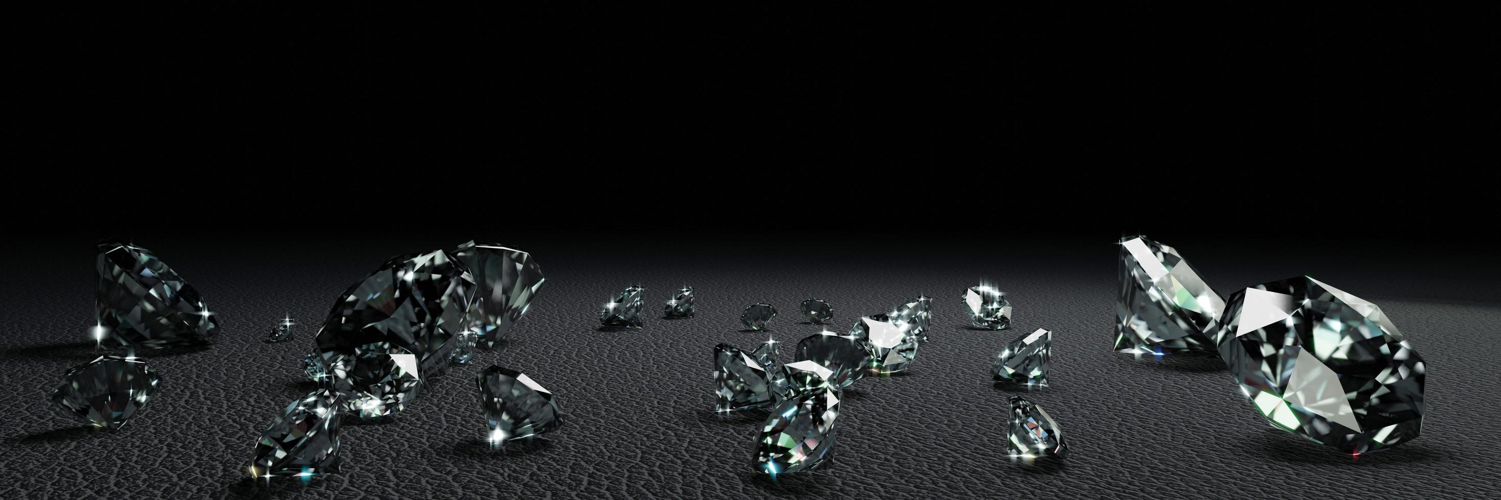 3D-rendering diamanter i många storlekar på mörkgrå yta foto