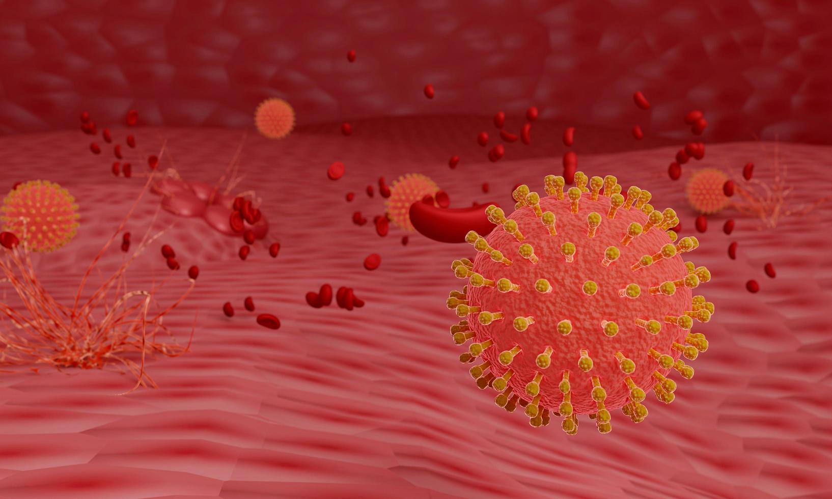 en virusbild eller coronavirus covid-19 röd modell. begreppet virus sprids på en röd, robust bakgrund. 3d-rendering foto