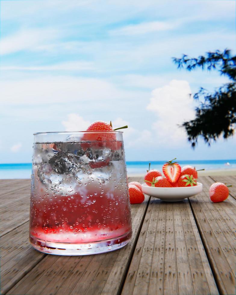 mocktail jordgubbsnektar med läsk blandar inte alkohol. färska jordgubbar i en keramisk kopp är i bakgrunden oskärpa placeras på ett plankbord. restaurangen vid stranden och havet. foto