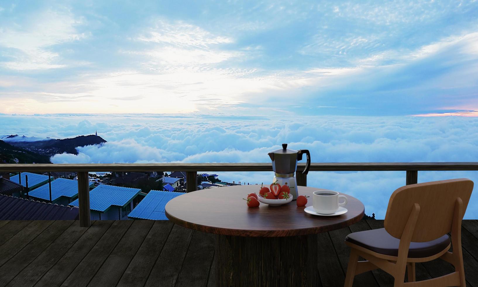 träbord och stolset med svart kaffe med färska jordgubbar på terrassen eller balkongen. bergslandskap på morgonen med solljus och hav av dimma vid phu tub berk, thailand. 3d-rendering foto