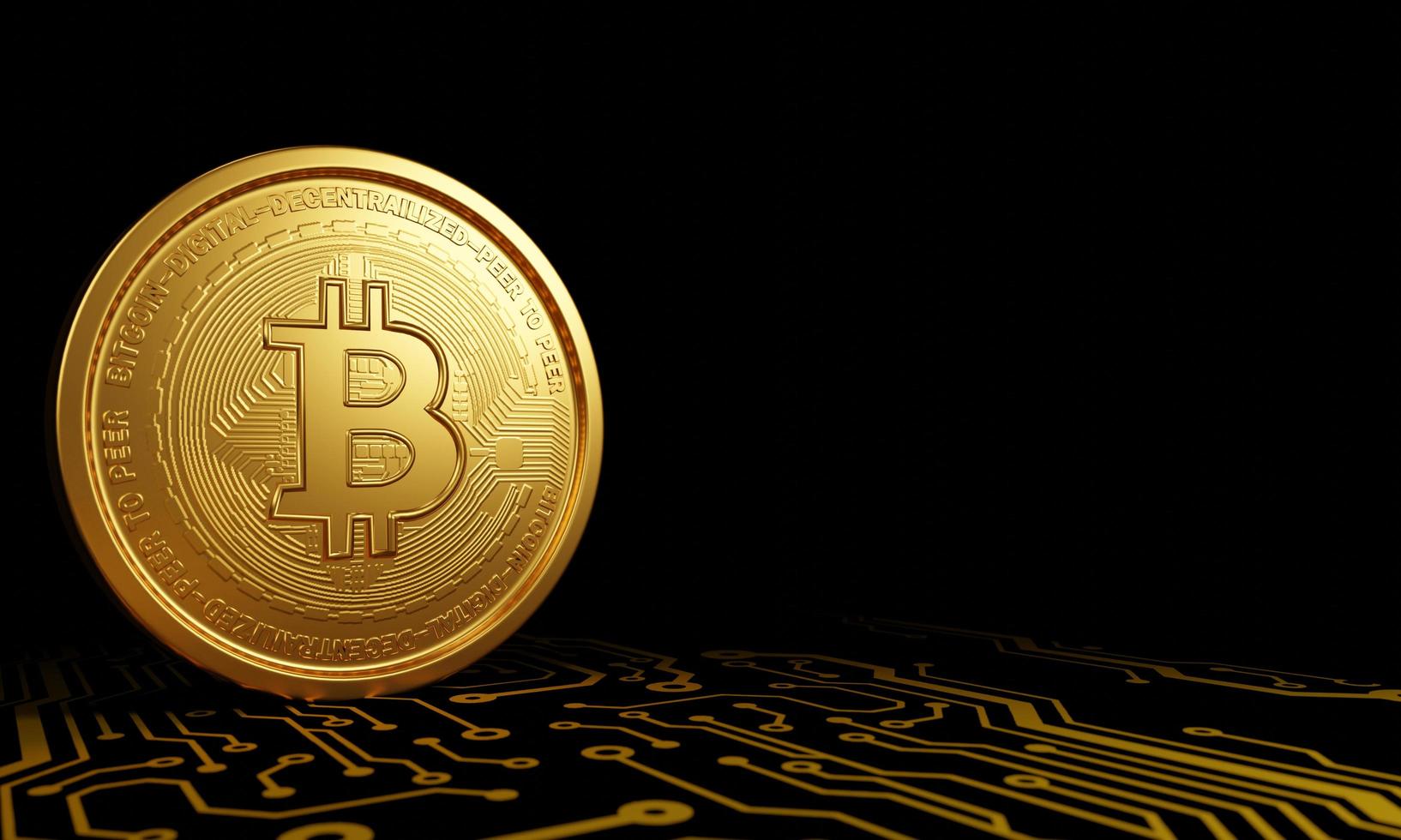 guldmynt digital valutasymbol bitcoin kryptovaluta digital valutaväxlingsverksamhet. internet på nätet. bitcoin på ytan av det elektroniska kretsmönstret. svart bakgrund. 3d-rendering foto