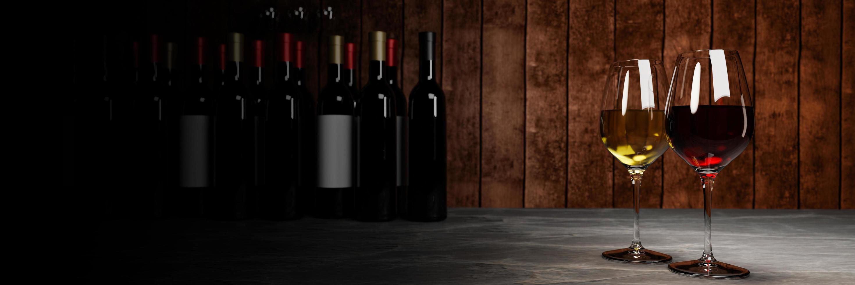rött och vitt vin i klart glas, många suddiga vinflaskors bakgrunder placerar det på ett cementgolv med en träskivavägg. källaren provsmakning produktionskoncept.3D-rendering foto