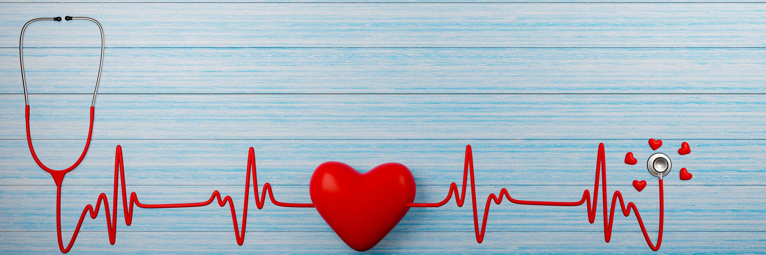 medicinskt stetoskop och hjärtpuls rött på det blå plankgolvet. små och stora röda hjärtformade modeller. 3d-rendering. foto