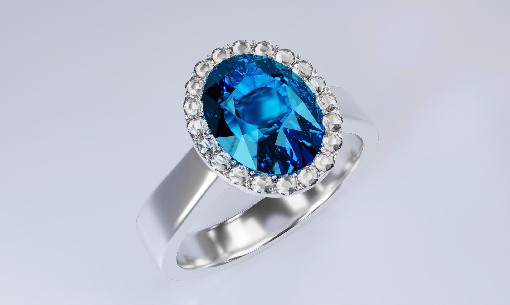 den stora ovala blå diamanten är omgiven av många diamanter på ringen gjord av platinaguld placerad på en vit bakgrund. 3d-rendering foto