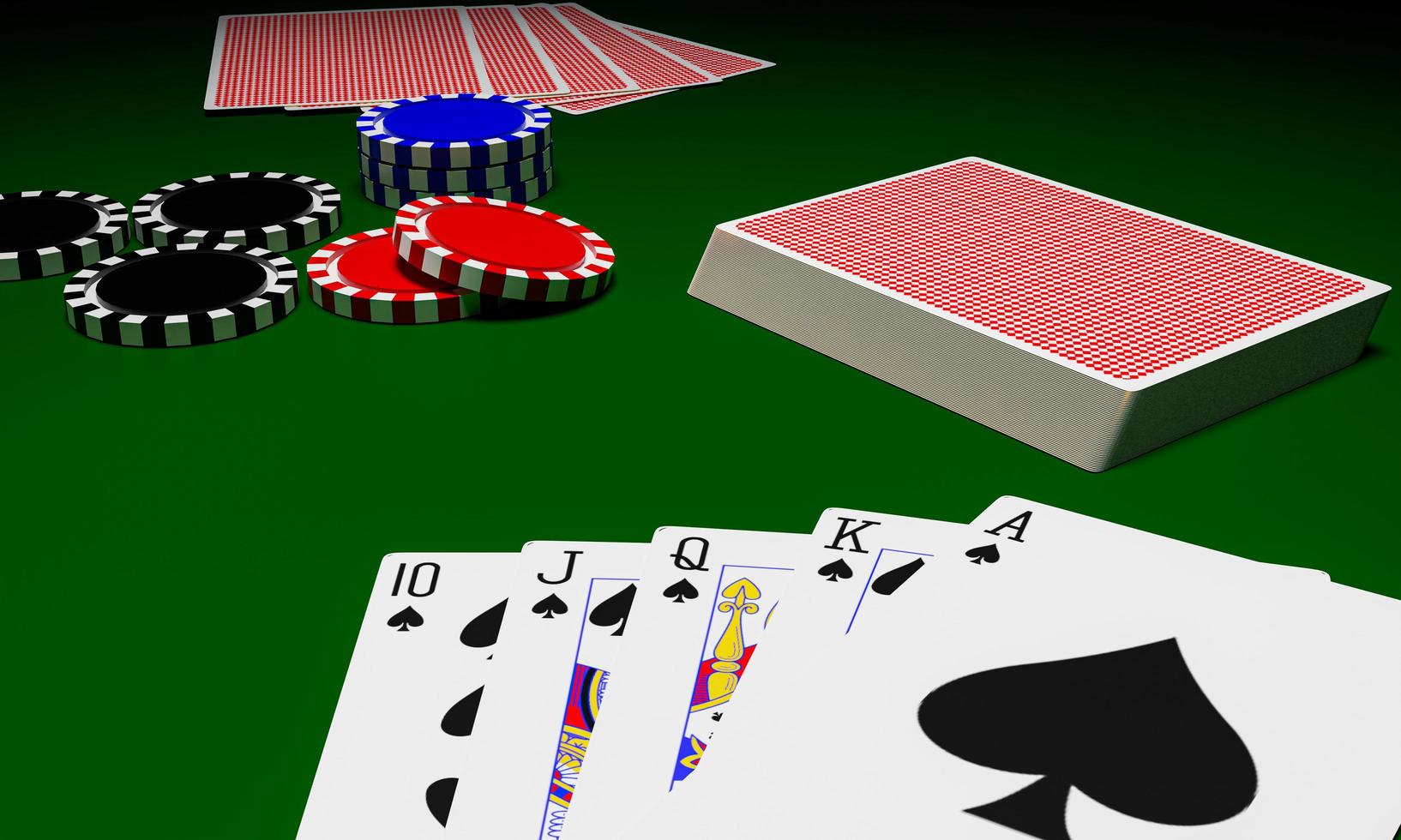 royal straight flush card face i pokerspel på ett kasino eller onlinespel bildar kort och satsar med marker istället för kontanter. all in med alla satsningar. 3d-rendering foto