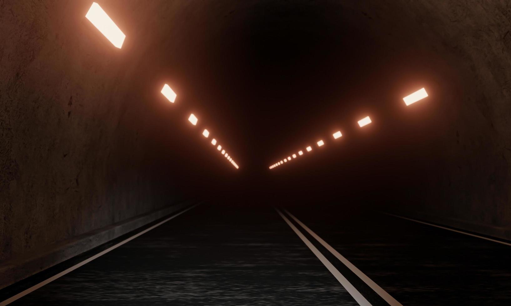 väg och gammal tunnel med betongvägg och mörk ände av tunneln. 3d-rendering. foto