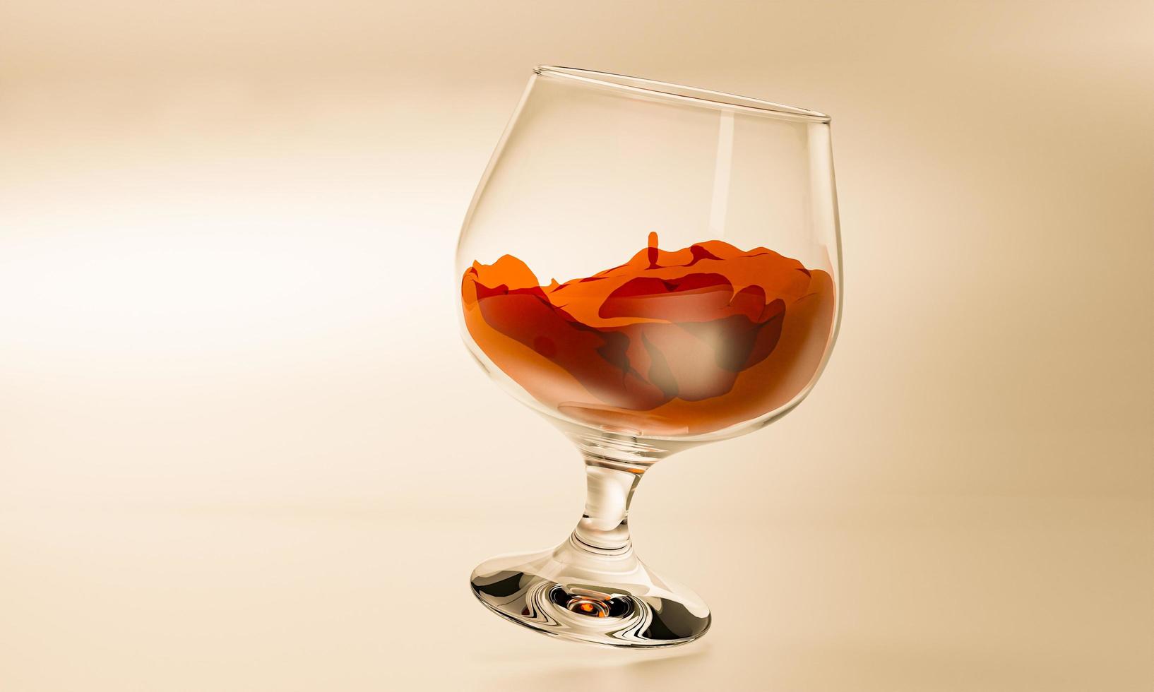 konjak i klart glas. brandy spills i ett glas, placeras på golvet, orange-bruna toner. 3d-rendering foto