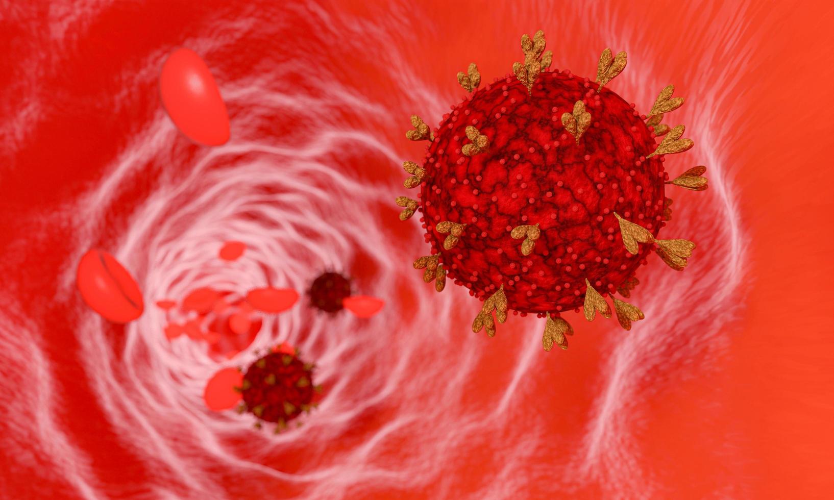 modell av coronavirus eller covid-19 i blodkärl och blodkroppar. utbrottet av viruset i blodomloppet i människokroppen. 3d-rendering foto