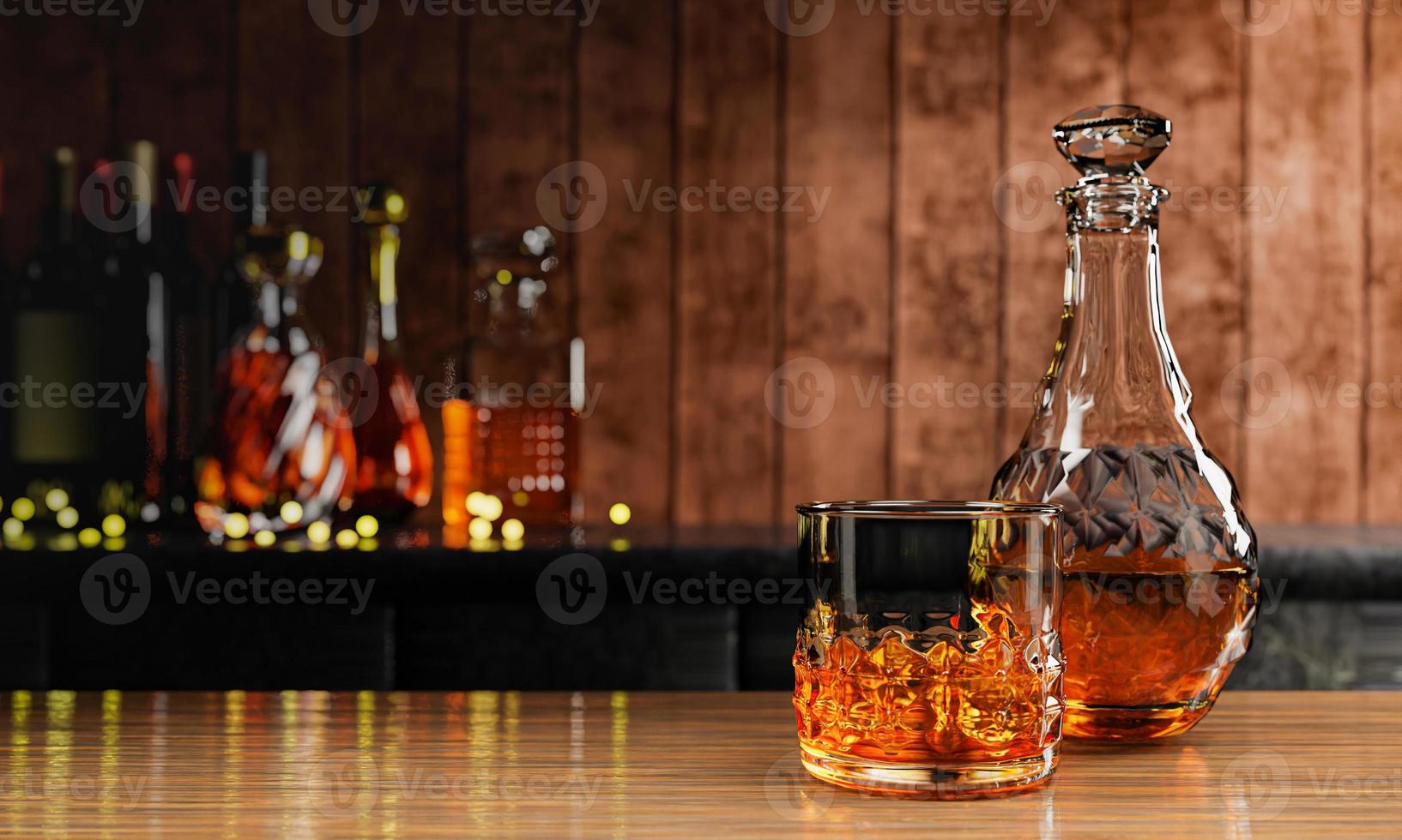whisky eller konjak, alkoholhaltiga drycker i genomskinlig elegant flaska. alkohol i klart glas på trägolvbord. flera vinflaskor suddig bakgrund på bardisk restaurang 3d-rendering foto